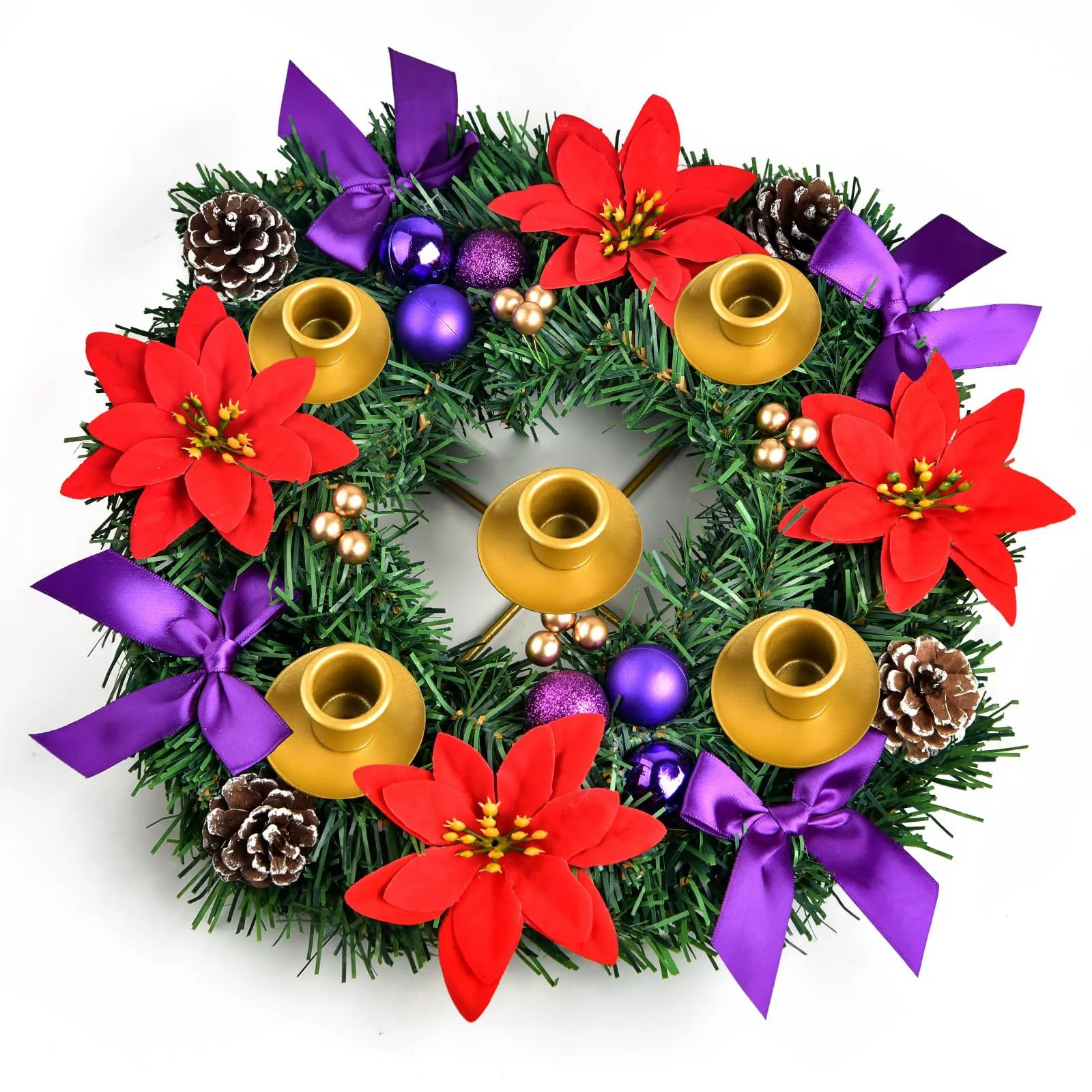 Advent Wreath Candle Holder For Christmas Table Decor Artificial Pine Wreath With Satin Bows Pine Cones Metal Cups For Home Church Festive Centerpiece