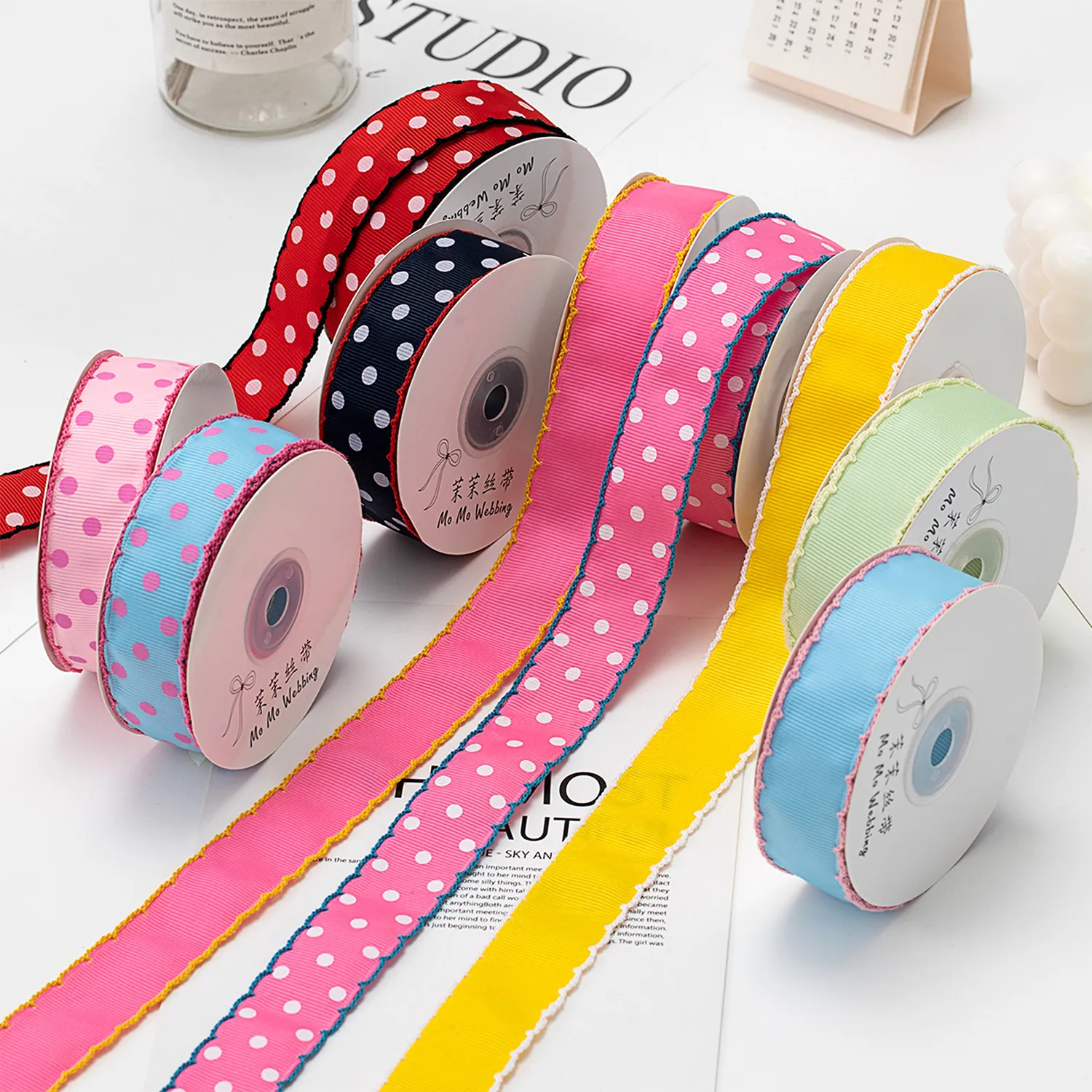 Scalloped Grosgrain Ribbon Polka Dot Printed Polyester Webbing For DIY Hair Bows Baking Flower Gift Wrapping Crafts Decoration