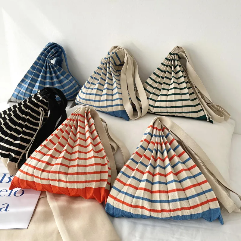 Women Knitted Pleated Shoulder Bag Korean Style Striped Color Block Accordion Fold Handbag Minimalist Casual Tote Bag