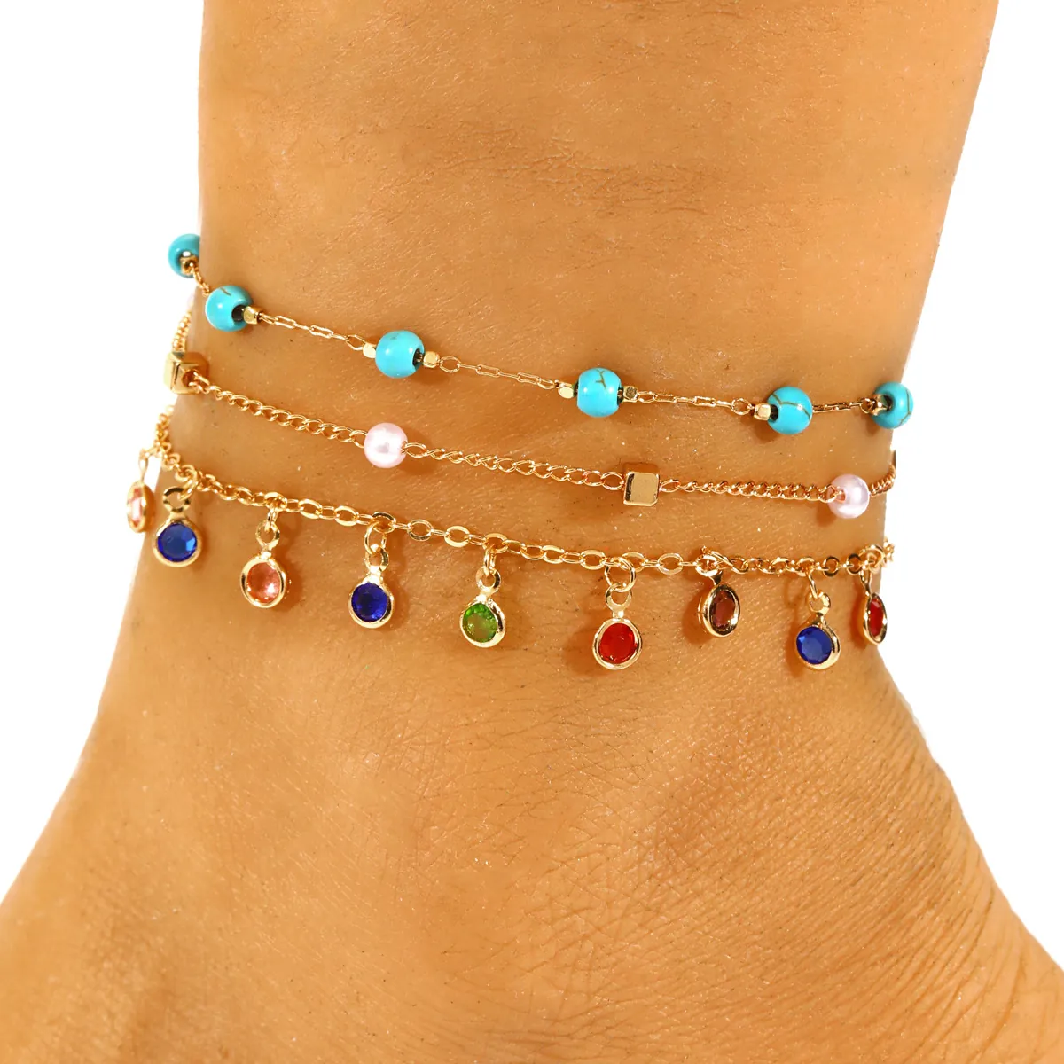 Bohemian Stainless Steel Anklet Set Multicolor Drip Oil Beads Rhinestone Layered Foot Chain Beach Holiday Jewelry For Women