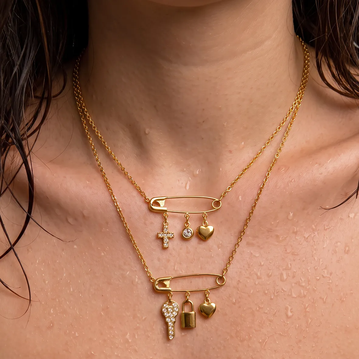 Halskette Aus Edelstahl Gold Überzogen Büroklammer Herz Schlüssel Schloss Kreuz Anhänger Strass Lagenkette Damen Schmuck