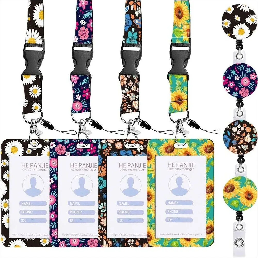 Retractable ABS ID Card Holder Polyester Lanyard Badge Reel Floral Pattern Neck Strap For Office School Women Men