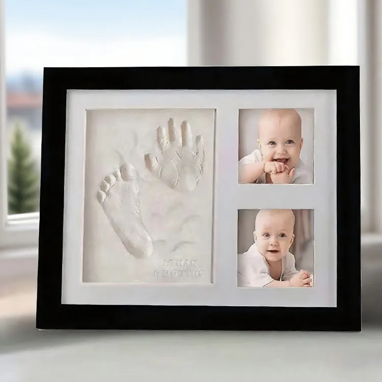 DIY Baby Hand and Footprint Photo Frame Kit Engineered Wood Memorial Frame with Inkpad and Small Stick for Newborn Pet Gift Home Decor Wall Table Display
