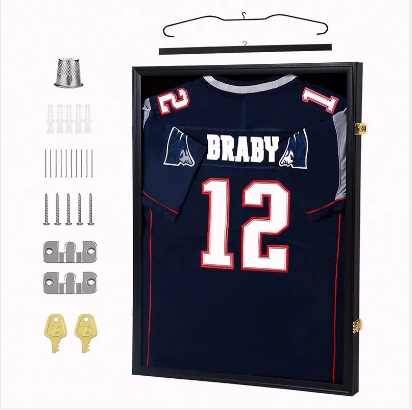 Jersey Display Case For Football Basketball Memorabilia UV Protection Acrylic Shadow Box MDF Frame Wall Mounted Sports Jersey Cabinet Black
