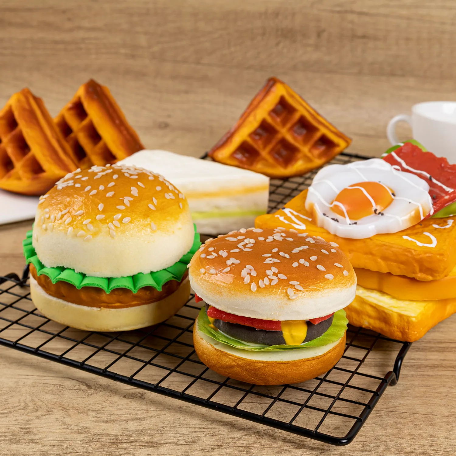 PU Simulation Burger Sandwich Toast Model Fake Food Simulation Squishy Waffle Bread Photography Props Home Kitchen Decor Realistic Food Toy