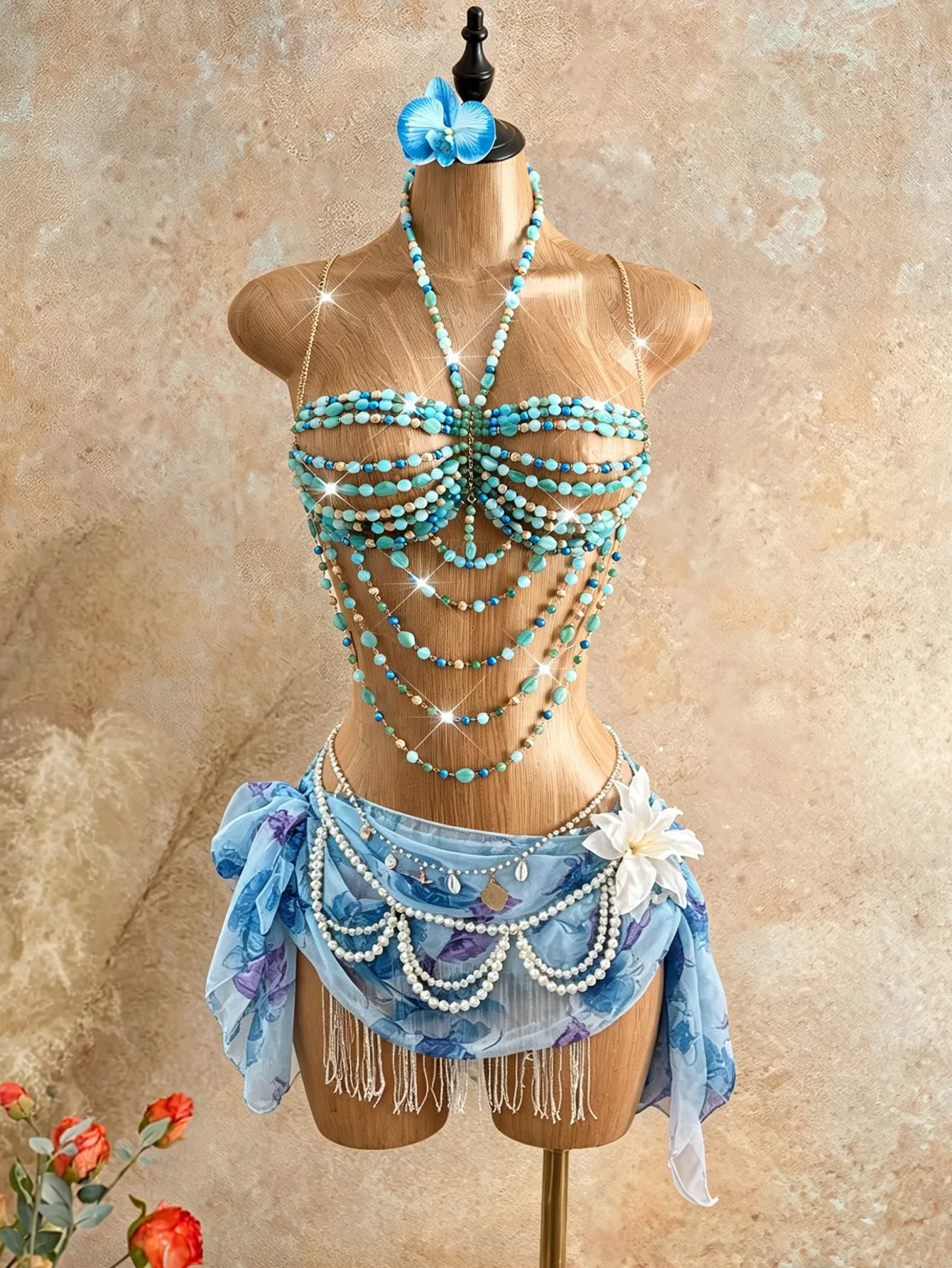 Cadena de Cuerpo Bralette con Cuentas de Acrílico Bohemio Sexy Calado Azul Verde Colorblock Top de Playa para Mujeres