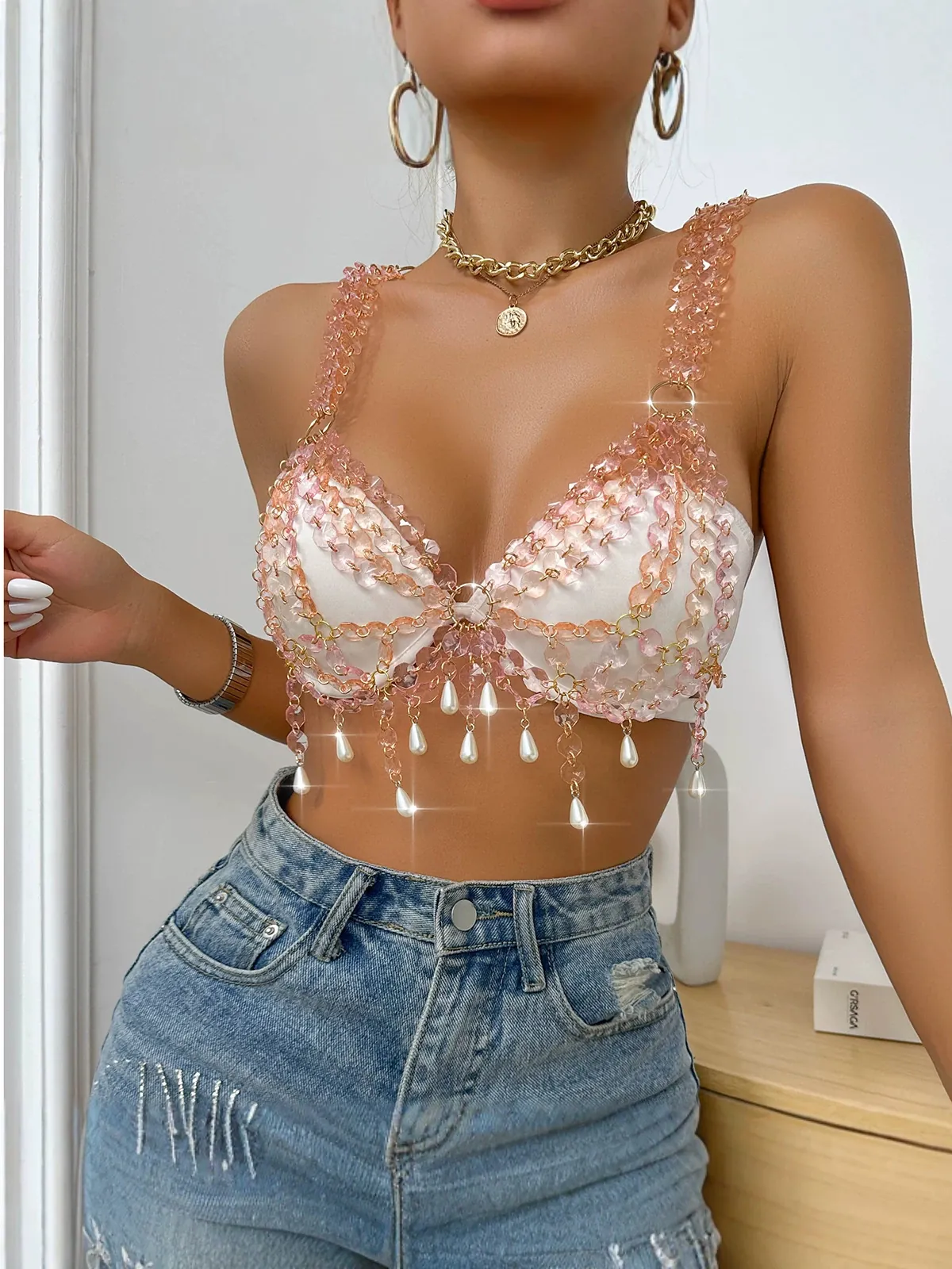 Women Sexy Nightclub Beaded Chain Strap Tube Top Artificial Pearl Pendants Satin Base Bohemian Camisole Party Clubwear Top