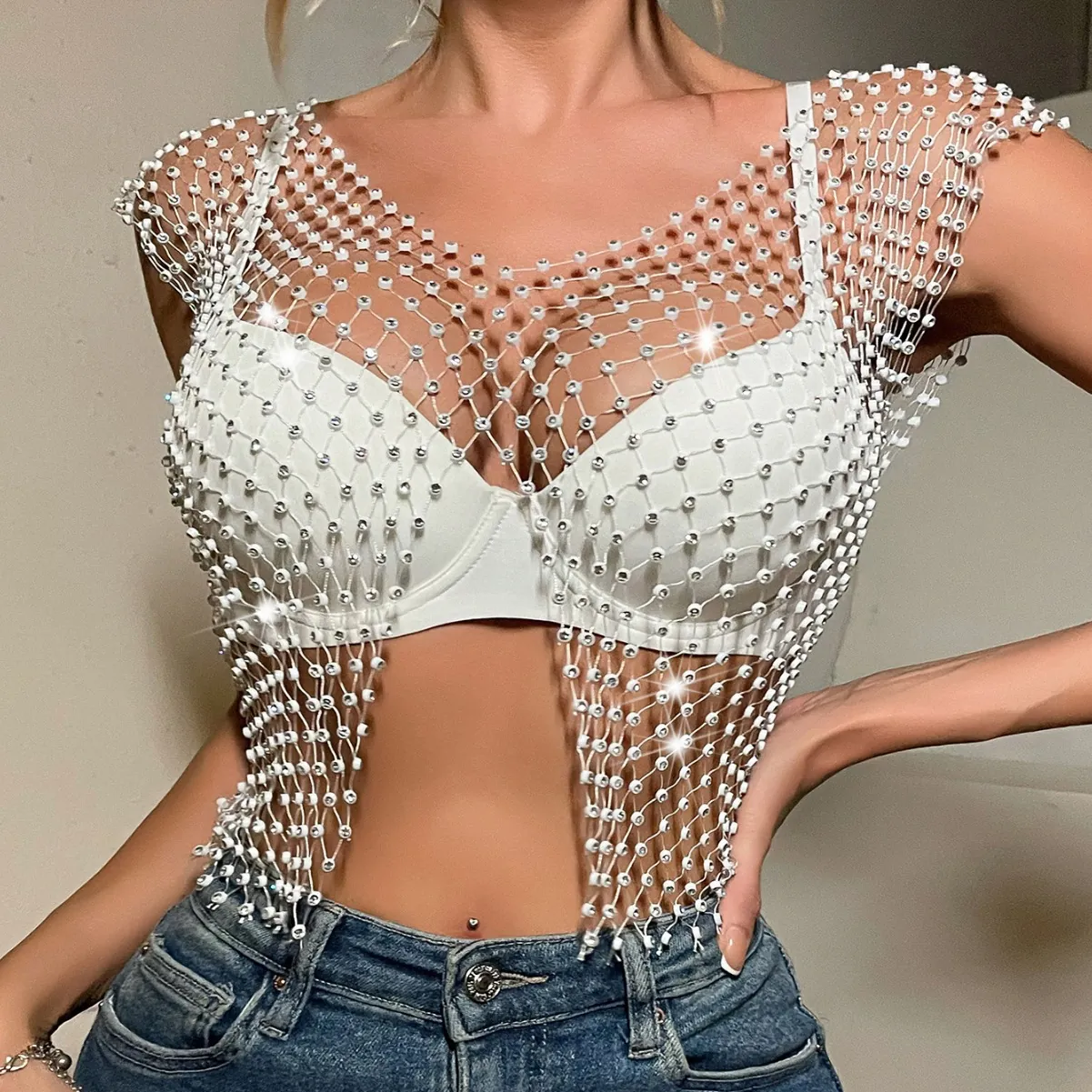 Women Sexy Fishnet Rhinestone Tank Top See-Through Hollow Out Camisole With Front Slit Sleeveless Party Clubwear Top