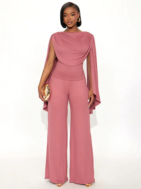 Completi da Donna Sexy in Maglia a Costine Top Senza Maniche e Pantaloni a Gamba Larga Design a Mantella Tinta Unita Rosa