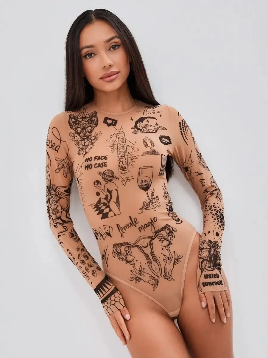 Justaucorps Sexy pour Femme Imprimé Tatouage Manches Longues Col Rond Coupe Slim Haut Combinaison Imprimée Tendance