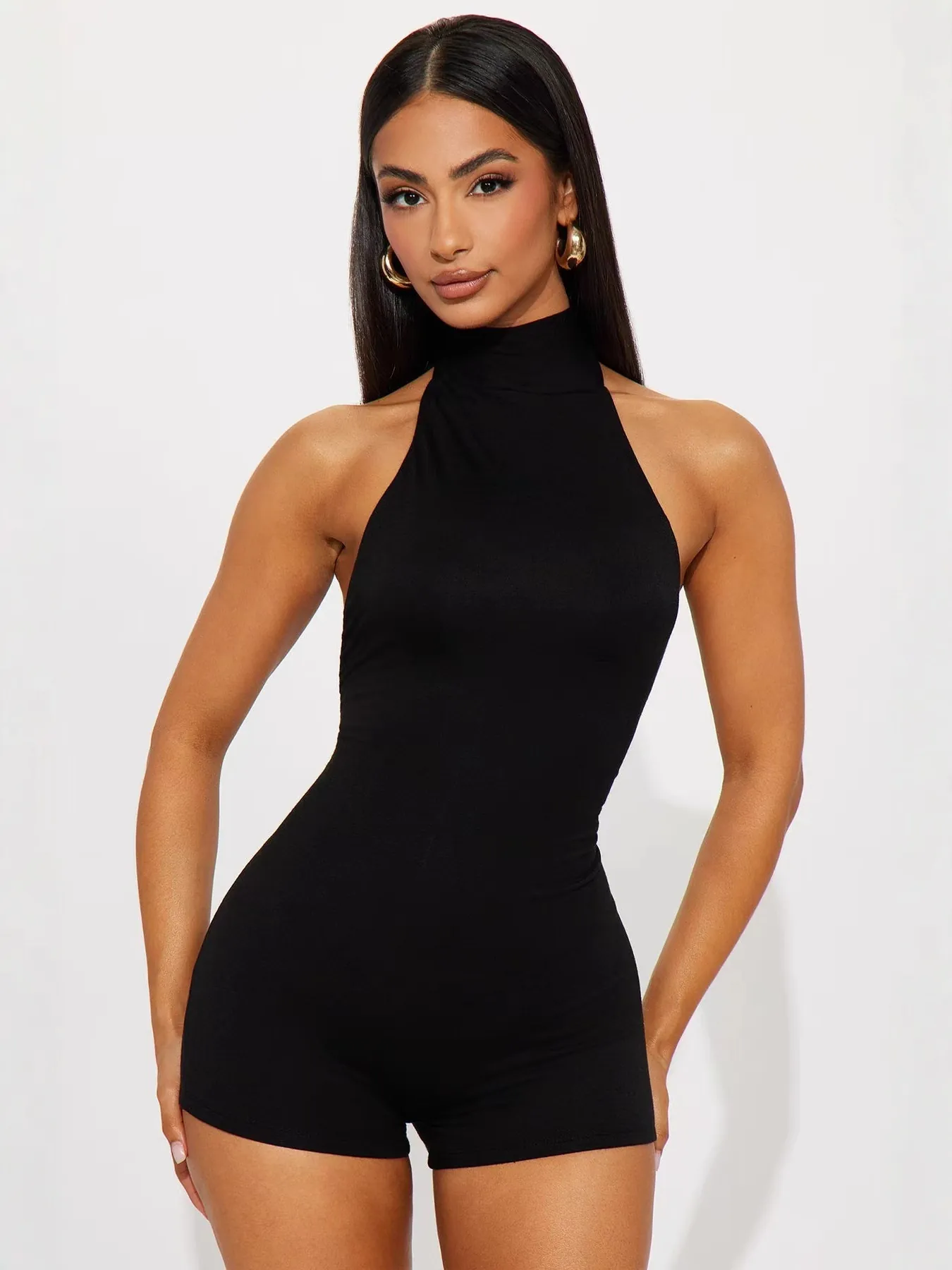 Damen Sexy Neckholder Rückenfrei Ärmellos Jumpsuit Slim Fit Einfarbig Gepunktet Kurze Overall Sommer Mode Party Clubwear
