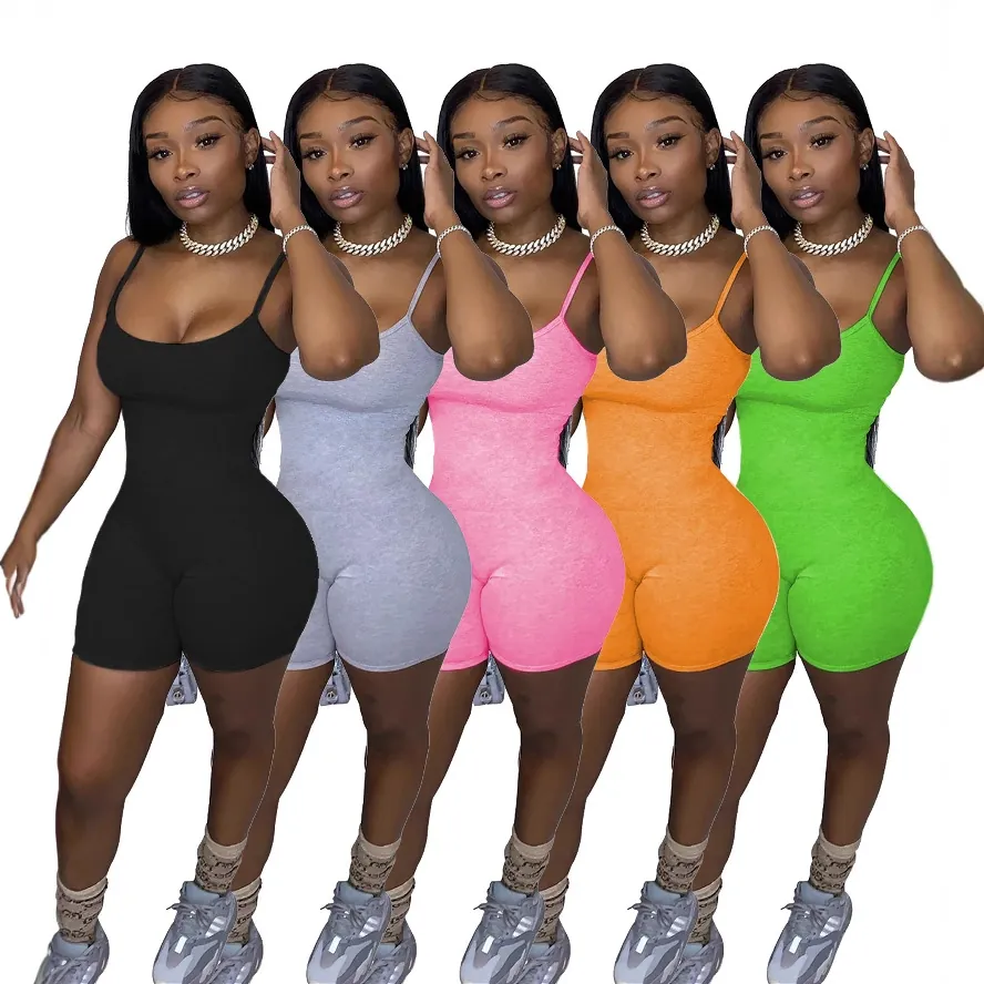 Combishort de Sport Sexy Couleur Unie pour Femme Polyester Tricoté Sans Manches Bodycon Top And Bottom Pour Fitness Quotidien Décontracté