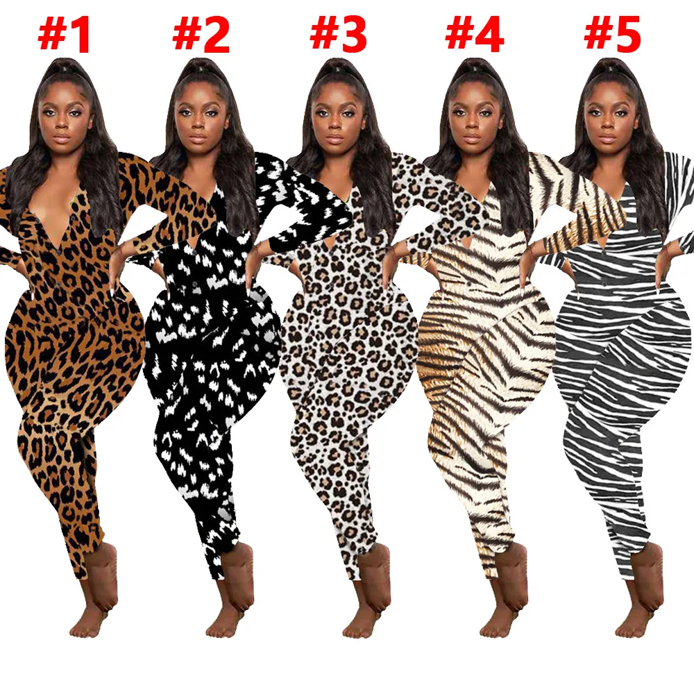 Combinaison Femme Décontractée Imprimé Animal Manches Longues Pantalon Long Léopard Tigre Zèbre Sexy Col en V Bouton Top And Bottom