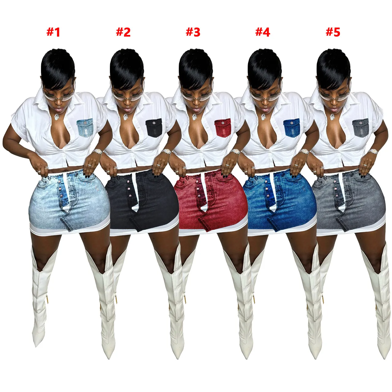 Completo Due Pezzi da Donna Casual Moda Poliestere Stampa Denim Camicia a Maniche Corte Top And Bottom Gonna per Estate
