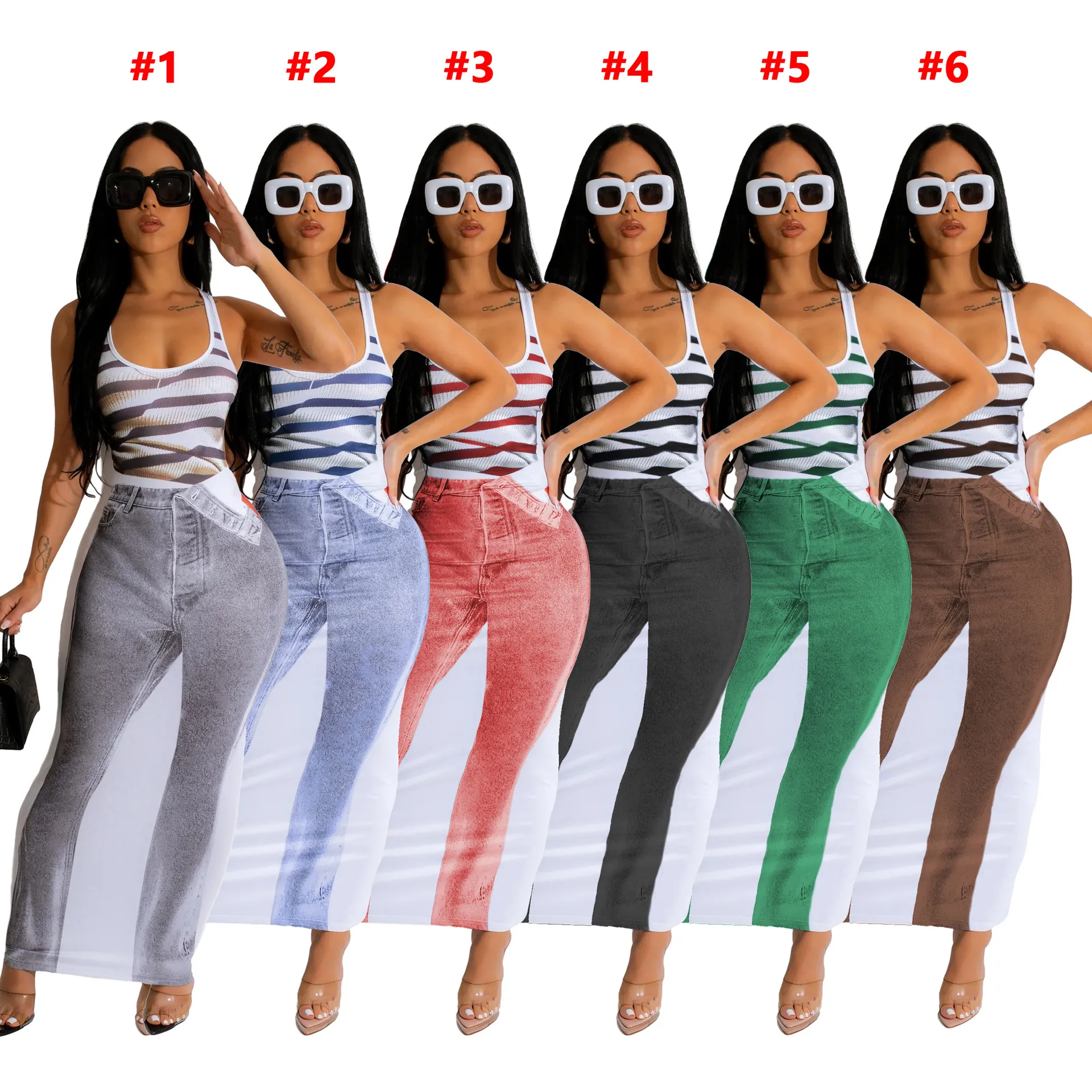 Women Sexy Bodycon Maxi Dress U-Neck Sleeveless Polyester Striped Tank Top Denim Print Illusion Slim Fit Long Dress Streetwear