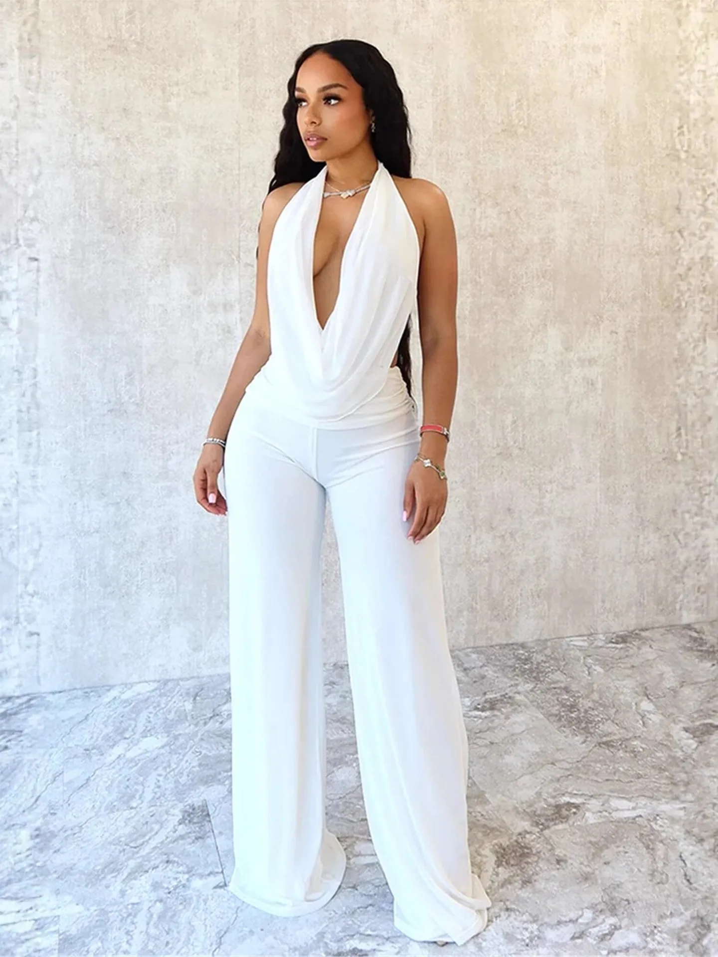 Ensemble Deux Pièces Femme Sexy Top Dos Nu Col Bénitier et Pantalon Large Couleur Unie Sans Manches Tenue de Soirée