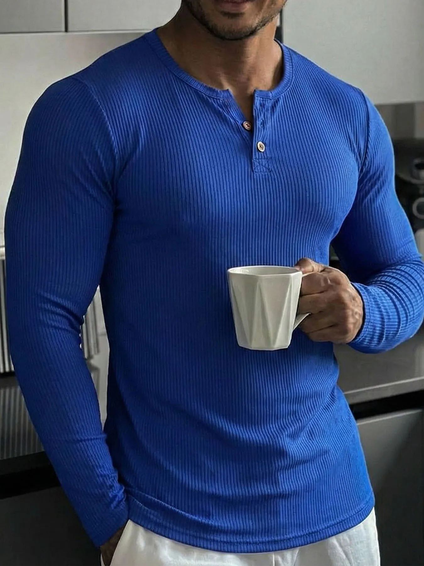 T-Shirt Henley à Manches Longues pour Hommes Muscle Slim Fit Nervuré Polyester Élasthanne Sport Entraînement Course