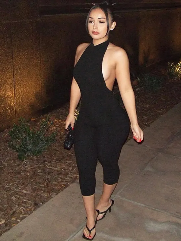 Sexy Backless Halter Jumpsuit For Women Bodycon High Waist Hollow Out Skinny One Piece Romper Knitted Polyester Outfit