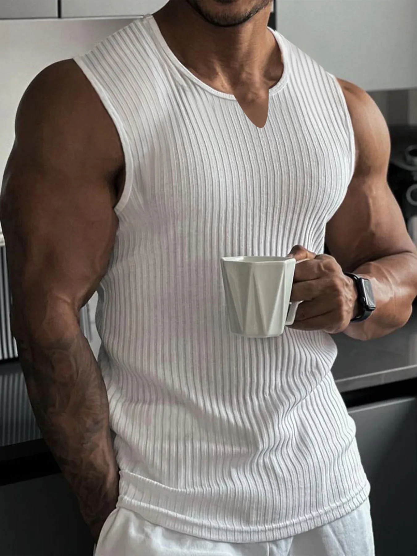 Herren Sommer Rippenstrick V-Ausschnitt Sportweste Muscle Fit Ärmellos Fitness Tank Top Solide Vertikale Streifen Outdoor Weste