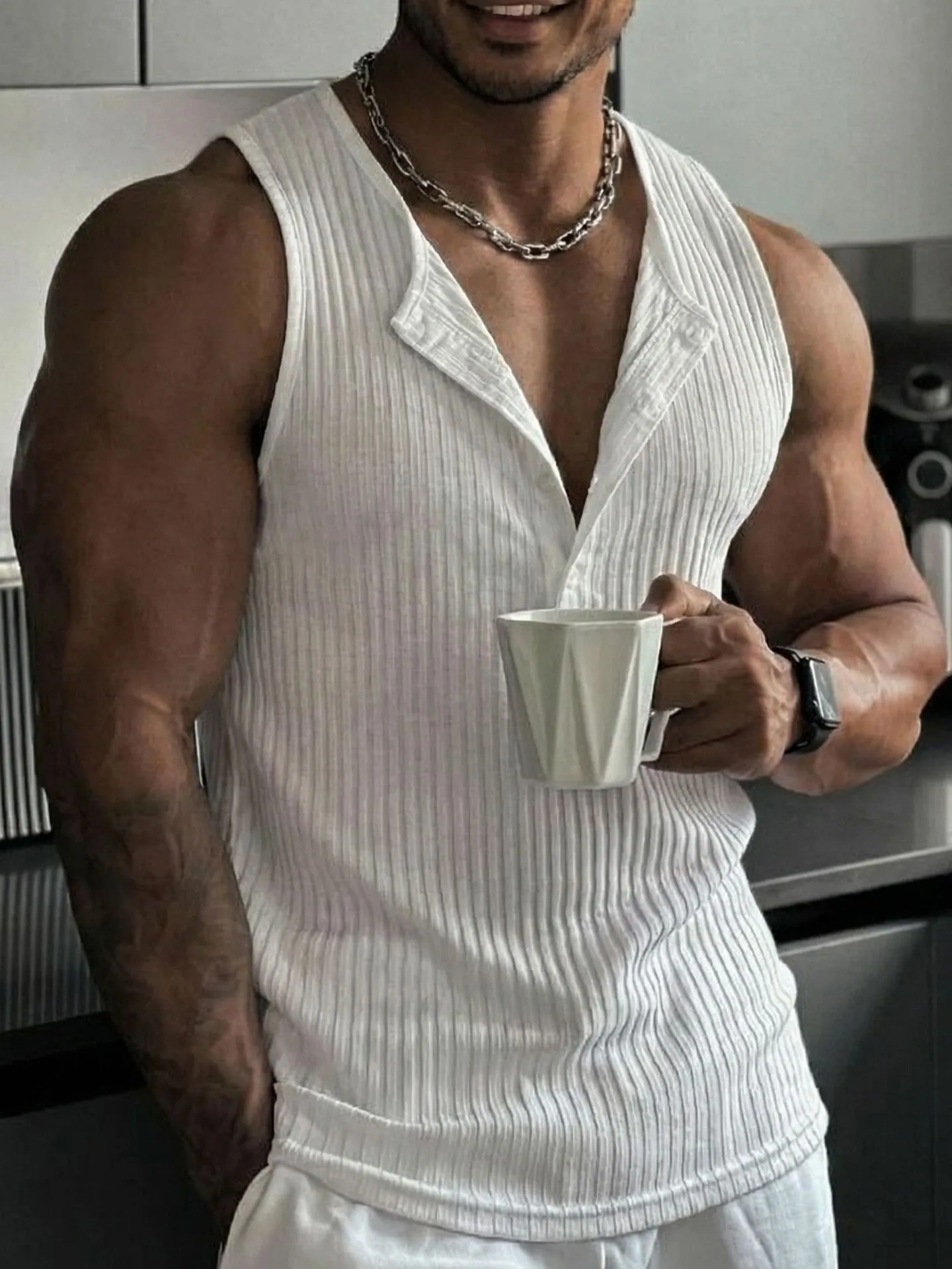 Men Slim Fit Henley Tank Top Multi Button Ribbed Muscle Gym Vest Summer Outdoor Athletic Sleeveless Polyester Spandex Top