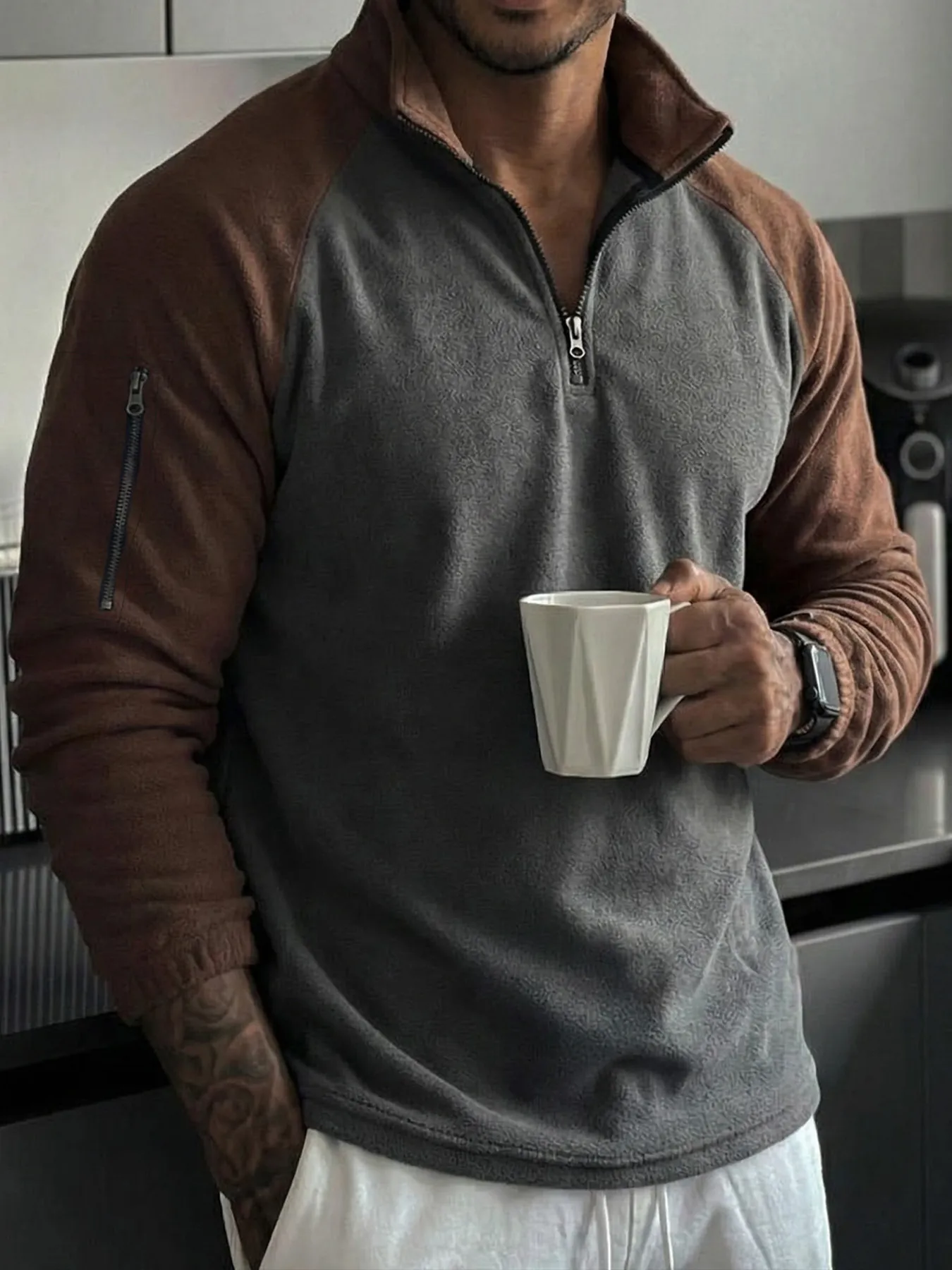 Sudadera de Vellón Polar Casual para Hombre Color de Contraste Cuello Alto Pullover con Media Cremallera Cálido Invierno Top