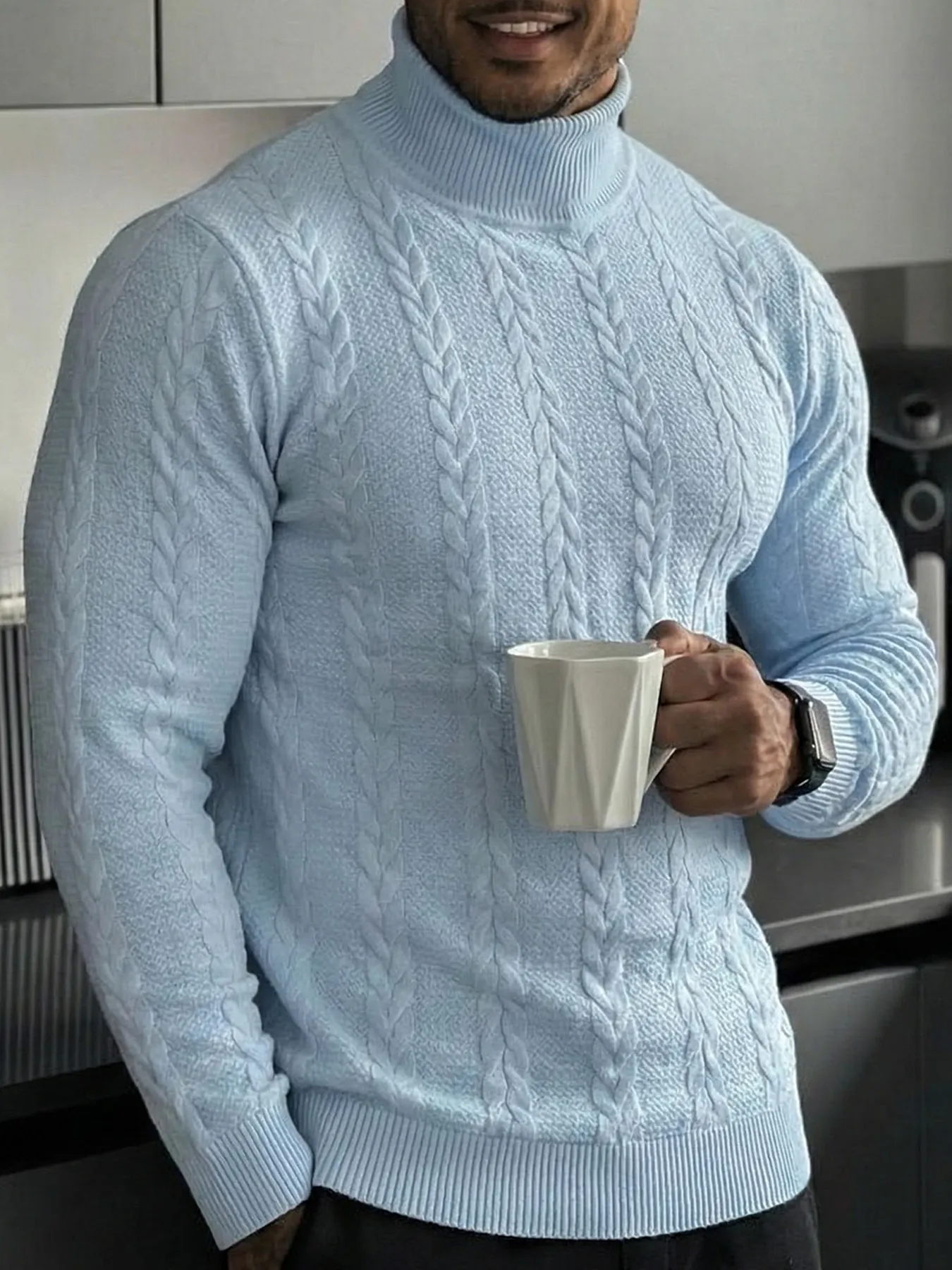 Maglione Dolcevita da Uomo Lavorazione a Trecce Casual Outdoor Caldo Invernale Slim Fit Tinta Unita Poliestere