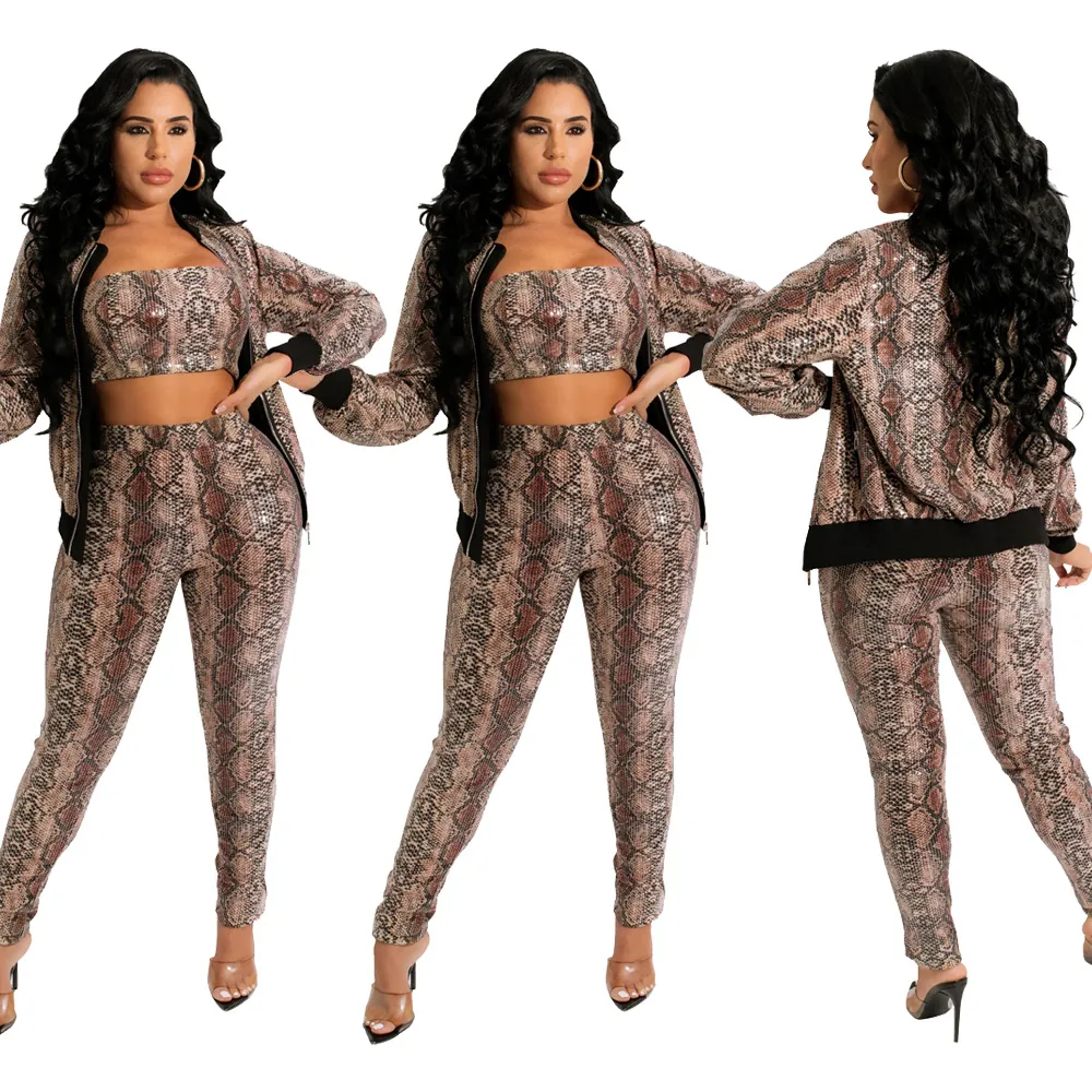 Women Sexy Snake Print 3-Piece Set Polyester Long Sleeve Zipper Cardigan Tube Top And Long Pants Slim Fit Clubwear Party Outfit
