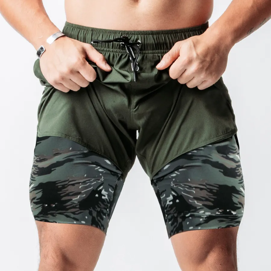 Men's 2-in-1 Running Shorts Double Layer Quick Dry Workout Fitness Gym Training Shorts With Camo Lining Zipper Pockets Drawstring