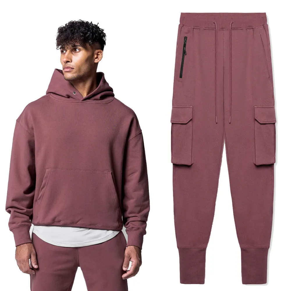 Survêtement Cargo de Loisir Sportif pour Hommes Couleur Unie à Capuche Top And Bottom pour Gym Course Décontracté Sport