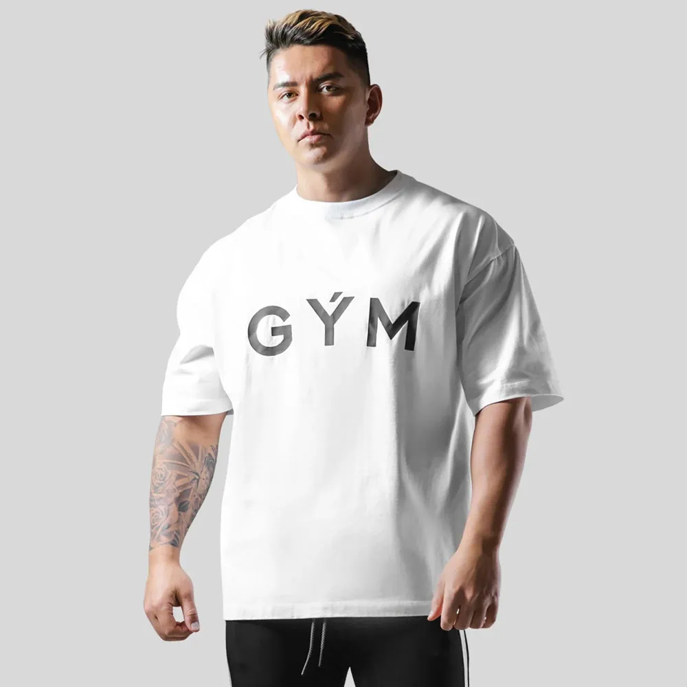 Men Oversized Cotton Sports T-Shirt Loose Fit GYM Letter Printed Round Neck Short Sleeve Workout Fitness Training Casual Top