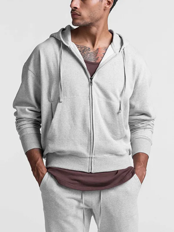Men's American Style Zip Up Hoodie Casual Solid Color Hooded Sweatshirt Sporty Cardigan Fleece Jacket For Autumn Winter