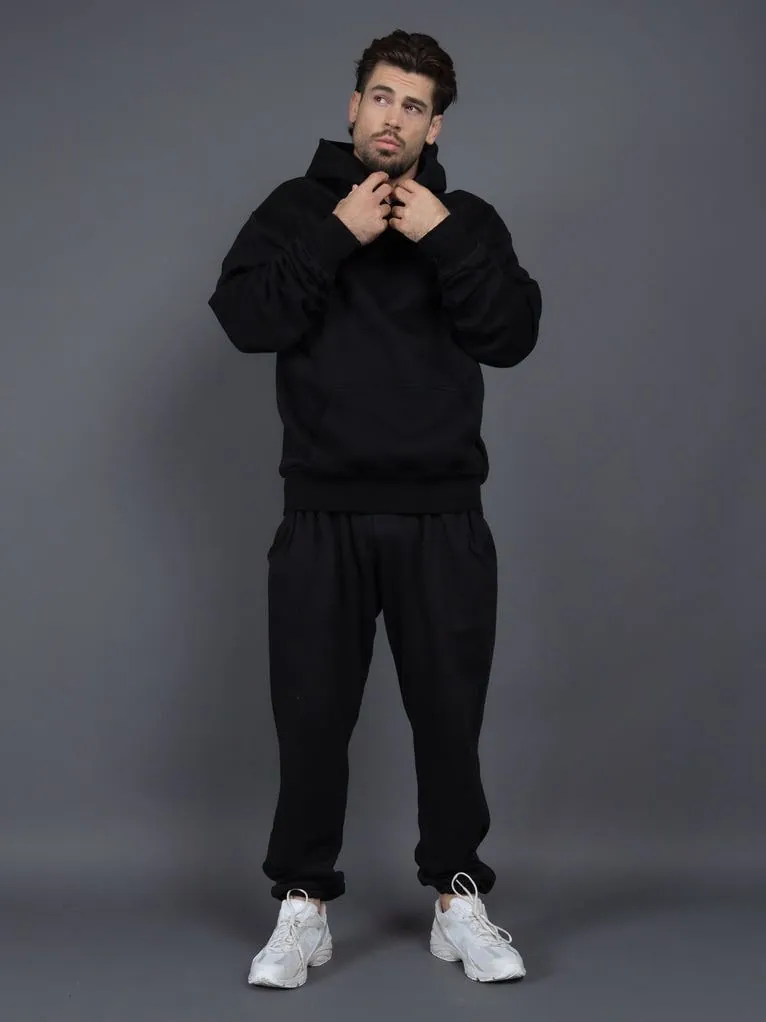 Unisex Fleece Lined Hooded Sweatshirt And Sweatpants Set Casual Solid Color Loose Pullover Top And Bottom Tracksuit