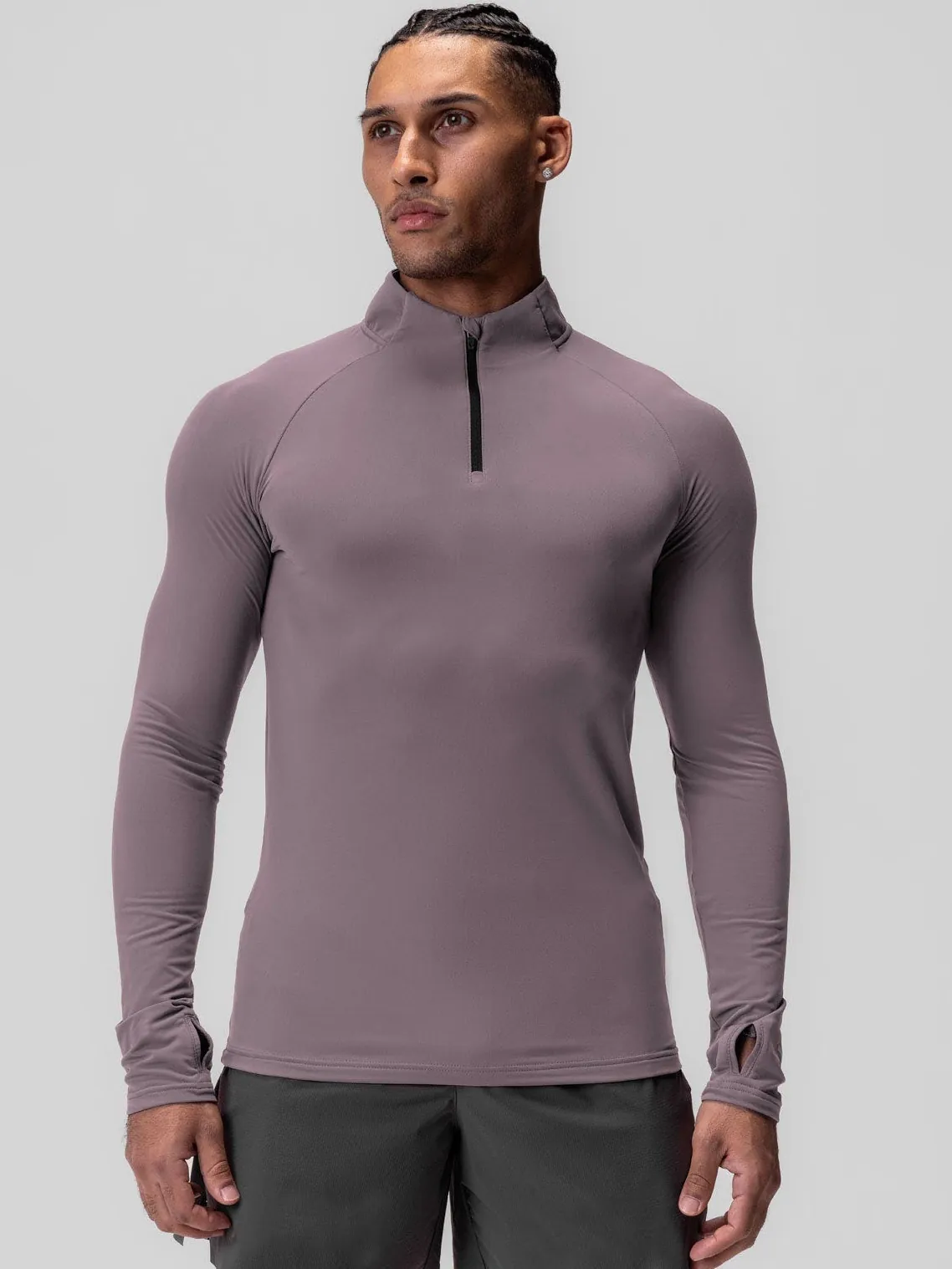 Men's Quick Dry Compression Sports T-Shirt Half-Zip Stand Collar Long Sleeve High Elastic Fitness Workout Top With Thumb Holes