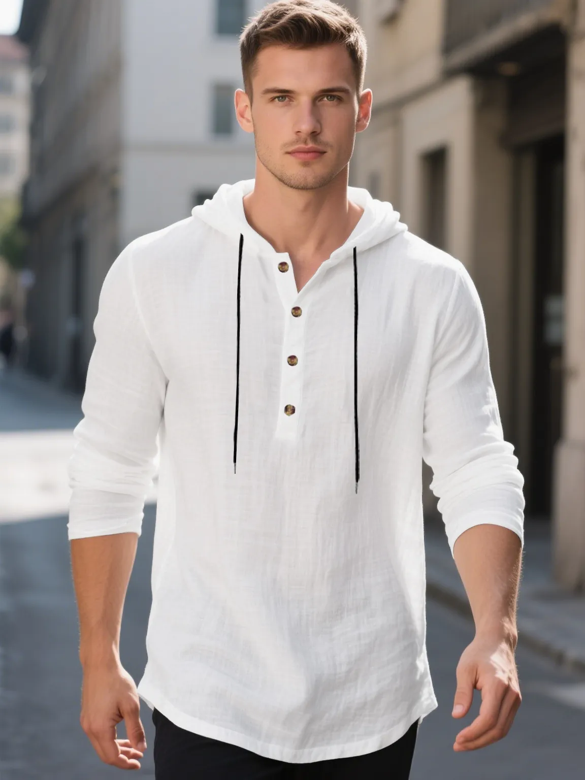 Ανδρικό Casual Henley Φούτερ με Κουκούλα Ελαφρύ Μακρυμάνικο Μονόχρωμο με Κουμπιά Βαμβακερό Top για Διακοπές Παραλία