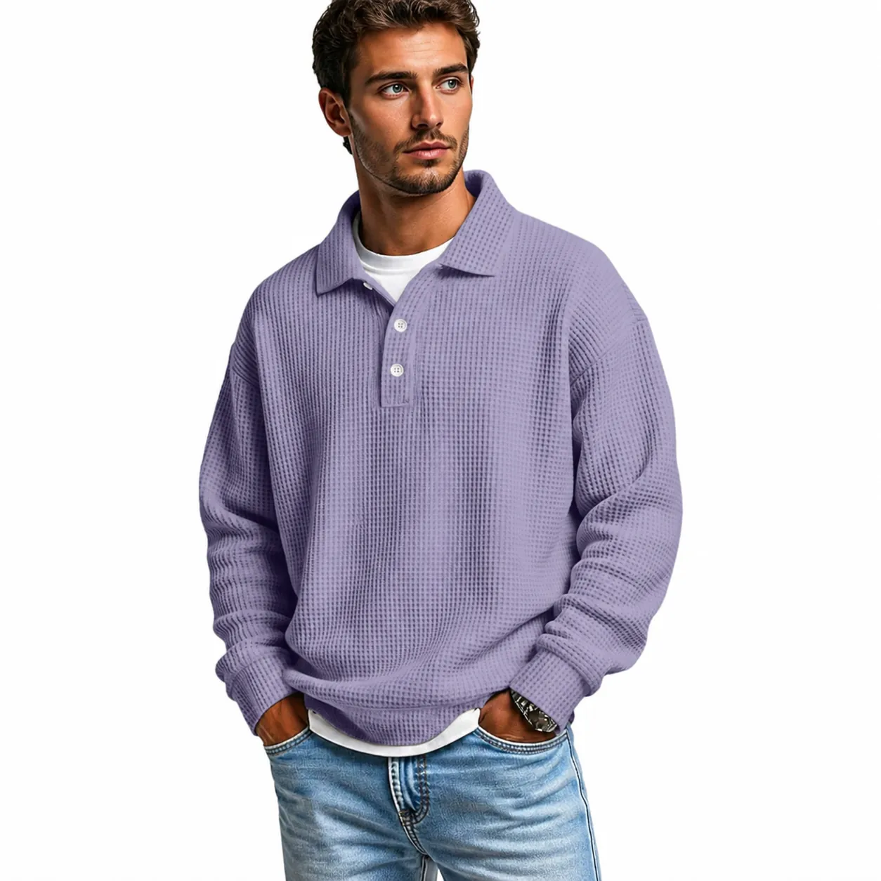 Herren American Retro Waffelstrick Langarm Polohemd Lockere Passform Polyester Lässiges Oberteil Herbst Winter Mode Einfarbig