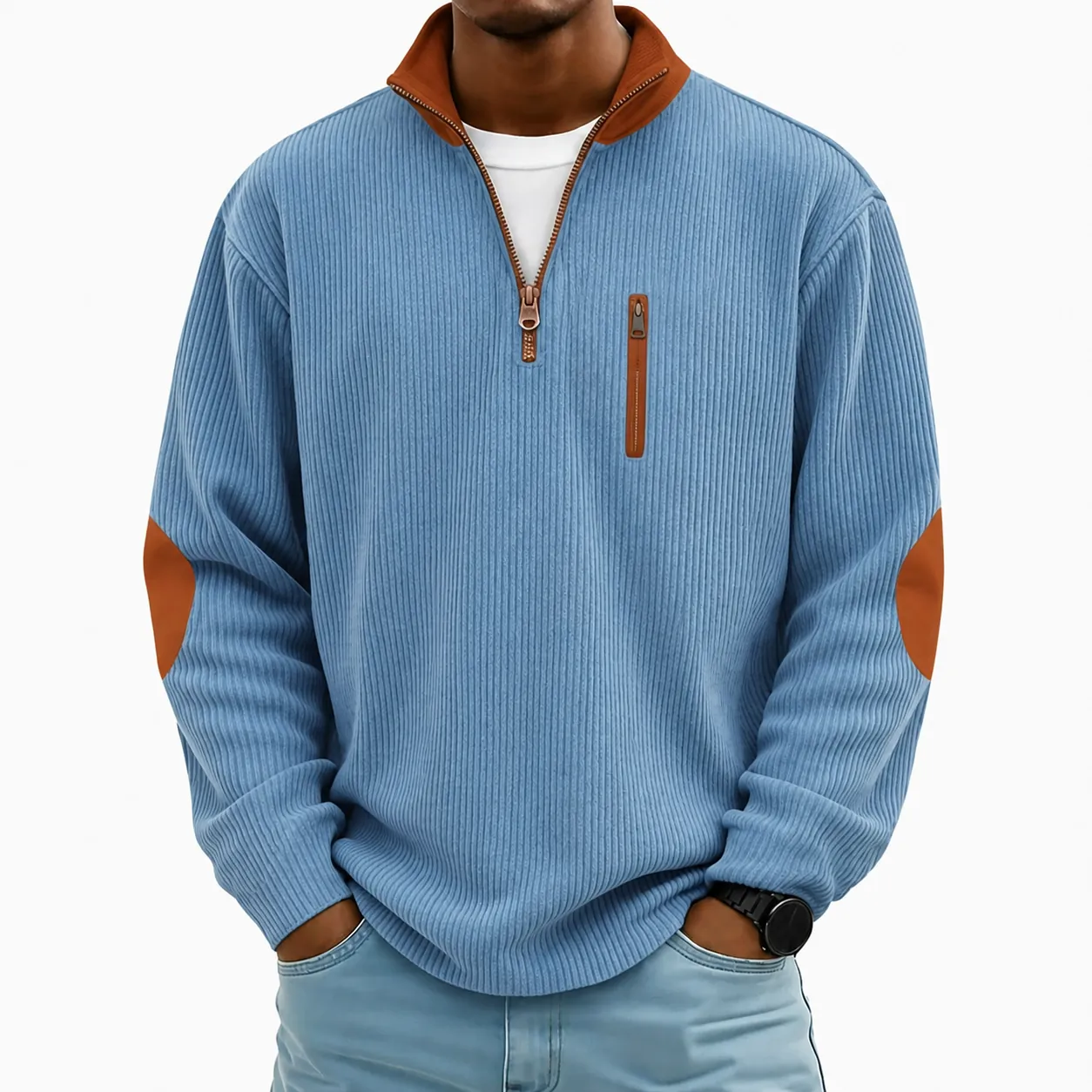 Men's Heavyweight Corduroy Sweatshirt Half Zipper Stand Collar Loose Pullover Jacket Casual Long Sleeve Patchwork Top