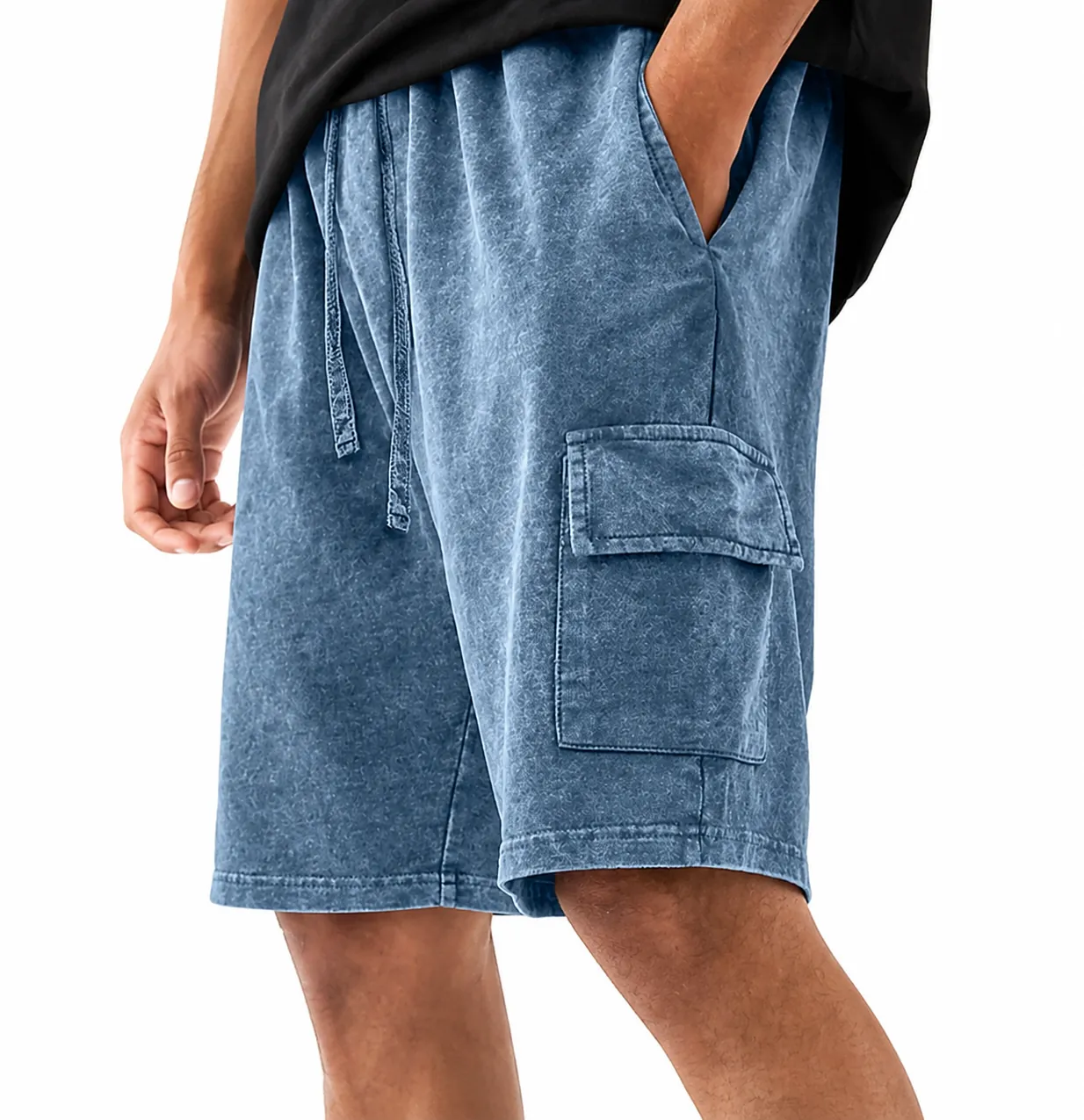 Men's Vintage Cotton Denim Cargo Shorts Acid Wash Snow Texture Drawstring Elastic Waist Bottom Casual Daily Work Shorts