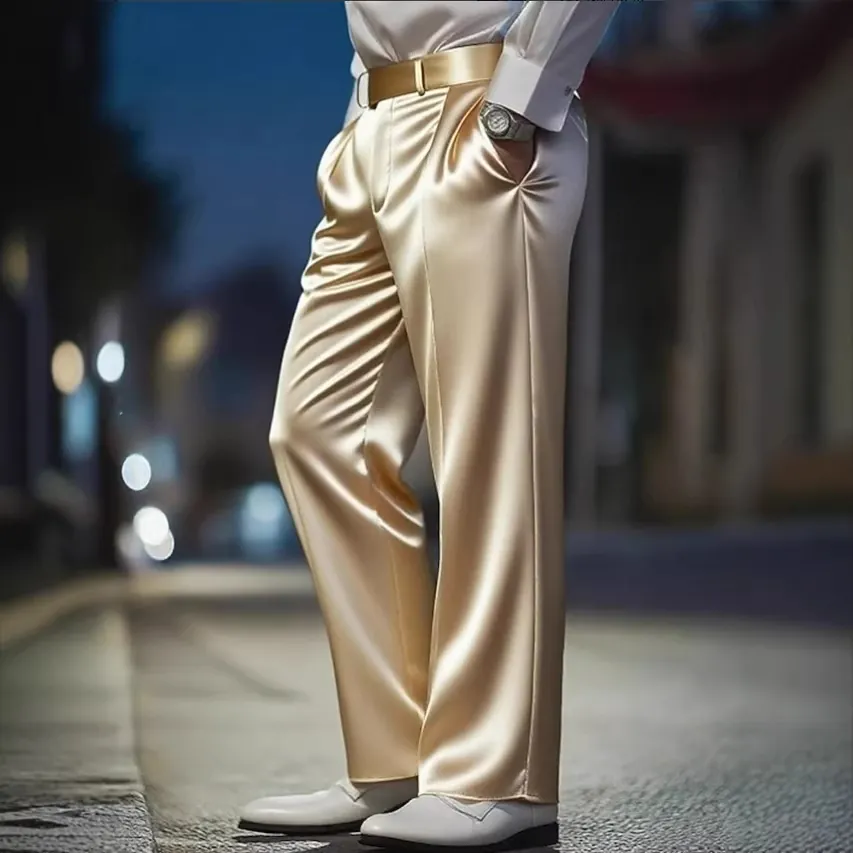 High-End Acetaat Satijn Heren Casual Wijd Uitlopende Broek Slim Fit Hoge Taille Rechte Draperen Broek Britse Stijl Zomer Heren Broek
