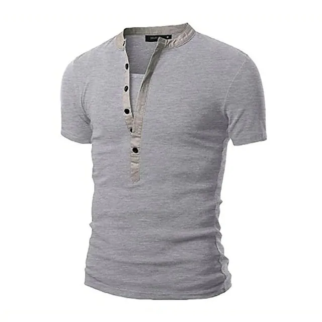 Men Fashion Slim Fit Henley Neck Contrast Patchwork Short Sleeve T-Shirt Casual Sporty Summer Tee Top For Teenagers