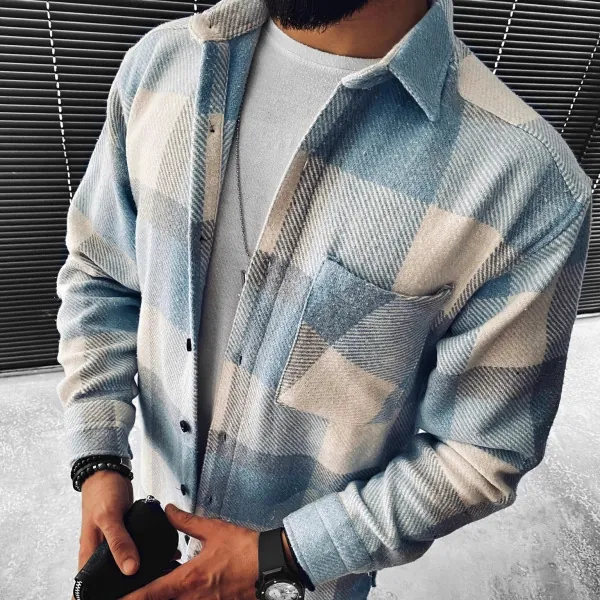 Camisa de Cuadros de Manga Larga de Poliéster para Hombre Ajuste Holgado Cuello Mao Estampada con Botones Y Bolsillo en el Pecho