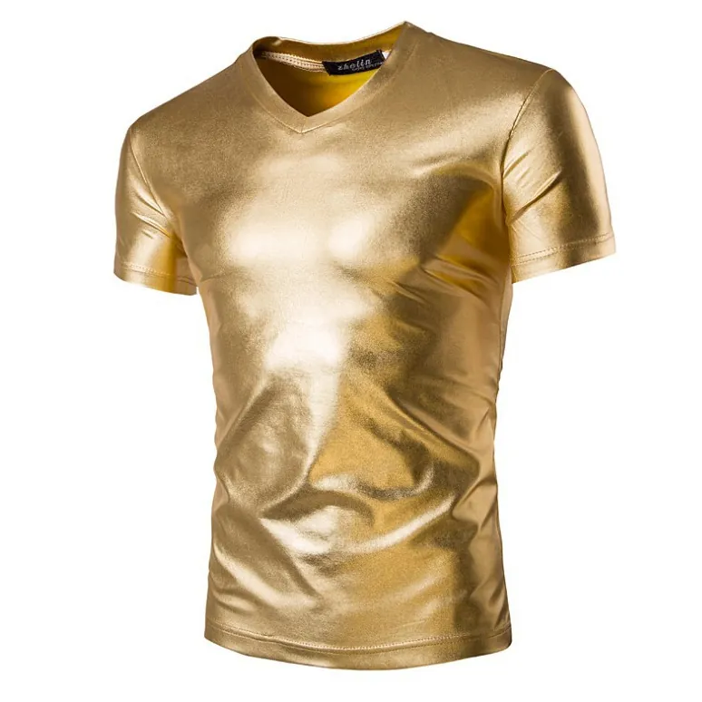 Heren Slim Fit V-hals Korte Mouw Metallic T-Shirt Glanzend Goud Zilver Zwart Nachtclub Feest Streetwear Hip Hop Top