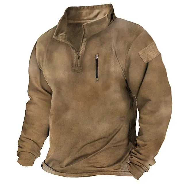 Sweat-shirt Tactique d'Extérieur pour Hommes Zip 1/4 Col Montant Couleur Unie Ample Chaud Respirant Top Avec Patch Velcro