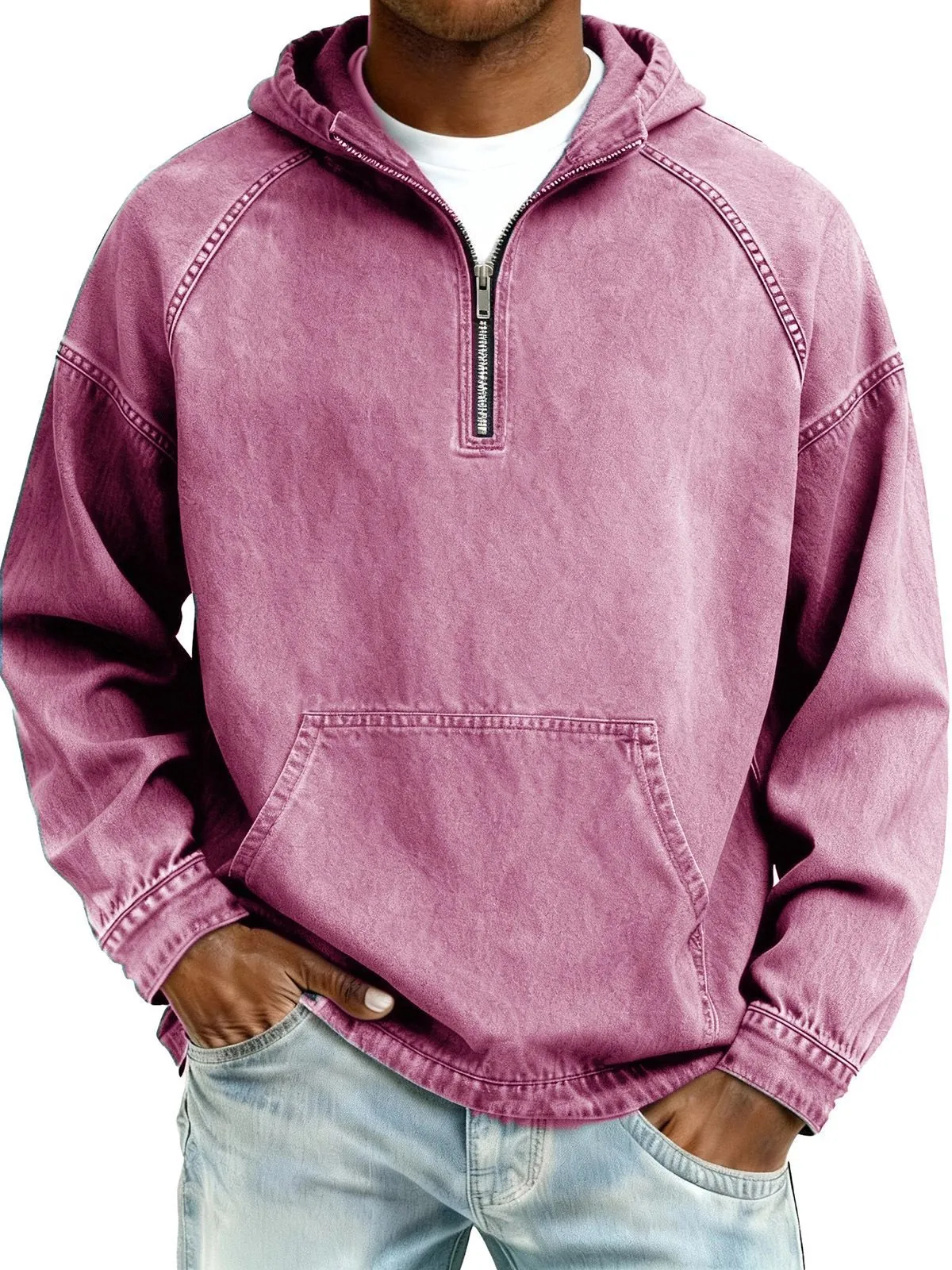 Men's American Vintage Washed Distressed Pure Cotton Half-Zip Hooded Sweatshirt Loose Fit Kangaroo Pocket Casual Urban Top