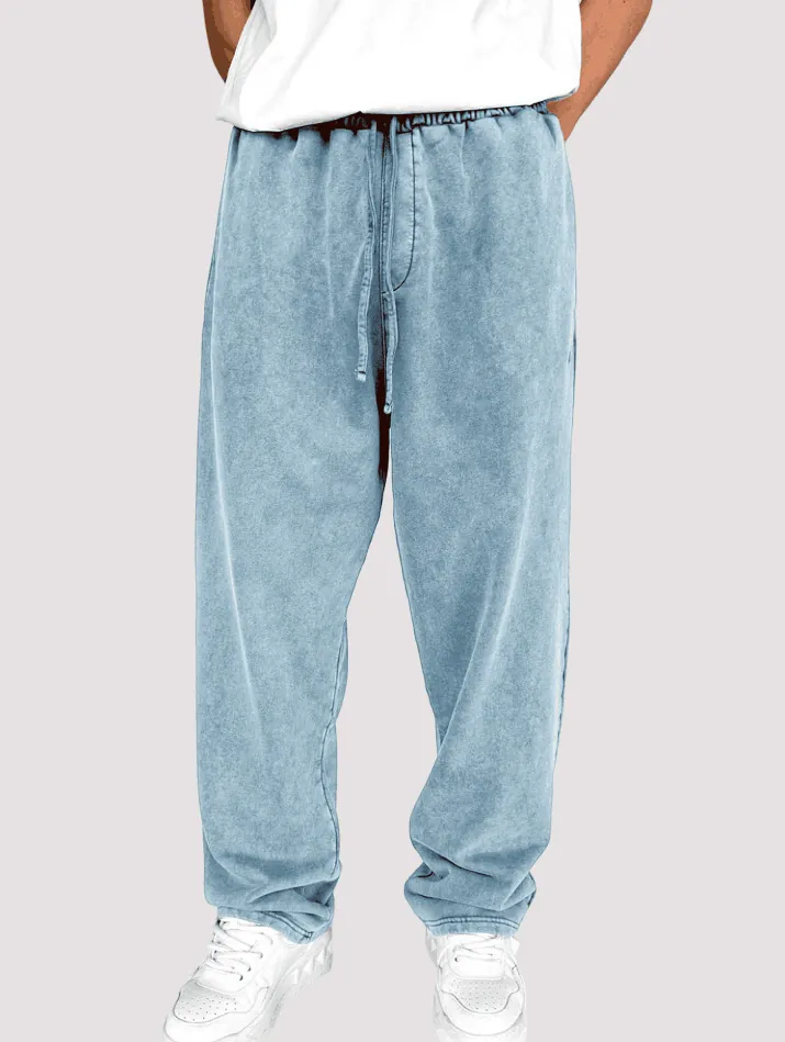 Pantalon de Jogging Sport en Tricot de Coton Lavage à l'Acide pour Hommes Vintage avec Cordon de Serrage Pantalon de Survêtement Décontracté Coupe Droite pour Adolescents