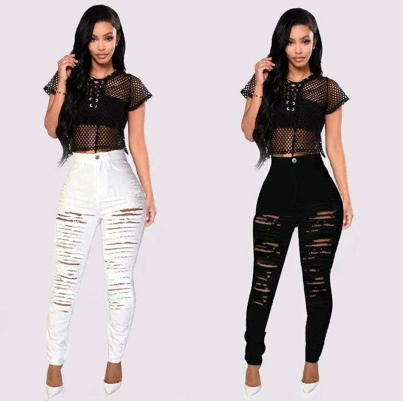 Women's High Waist Distressed Skinny Jeans Stretch Ripped Denim Pencil Pants Urban Fashion Slim Fit Bottom for Casual Streetwear