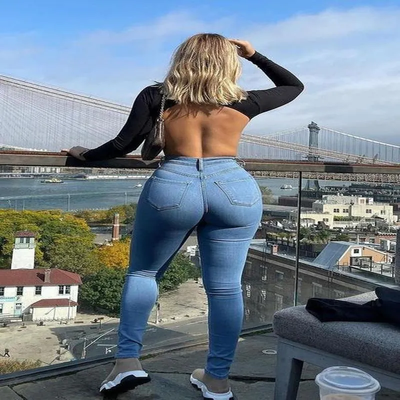 Women High Waist Skinny Jeans Stretch Slim Denim Pencil Pants Washed Solid Color Casual Cotton Trousers For Office Lady