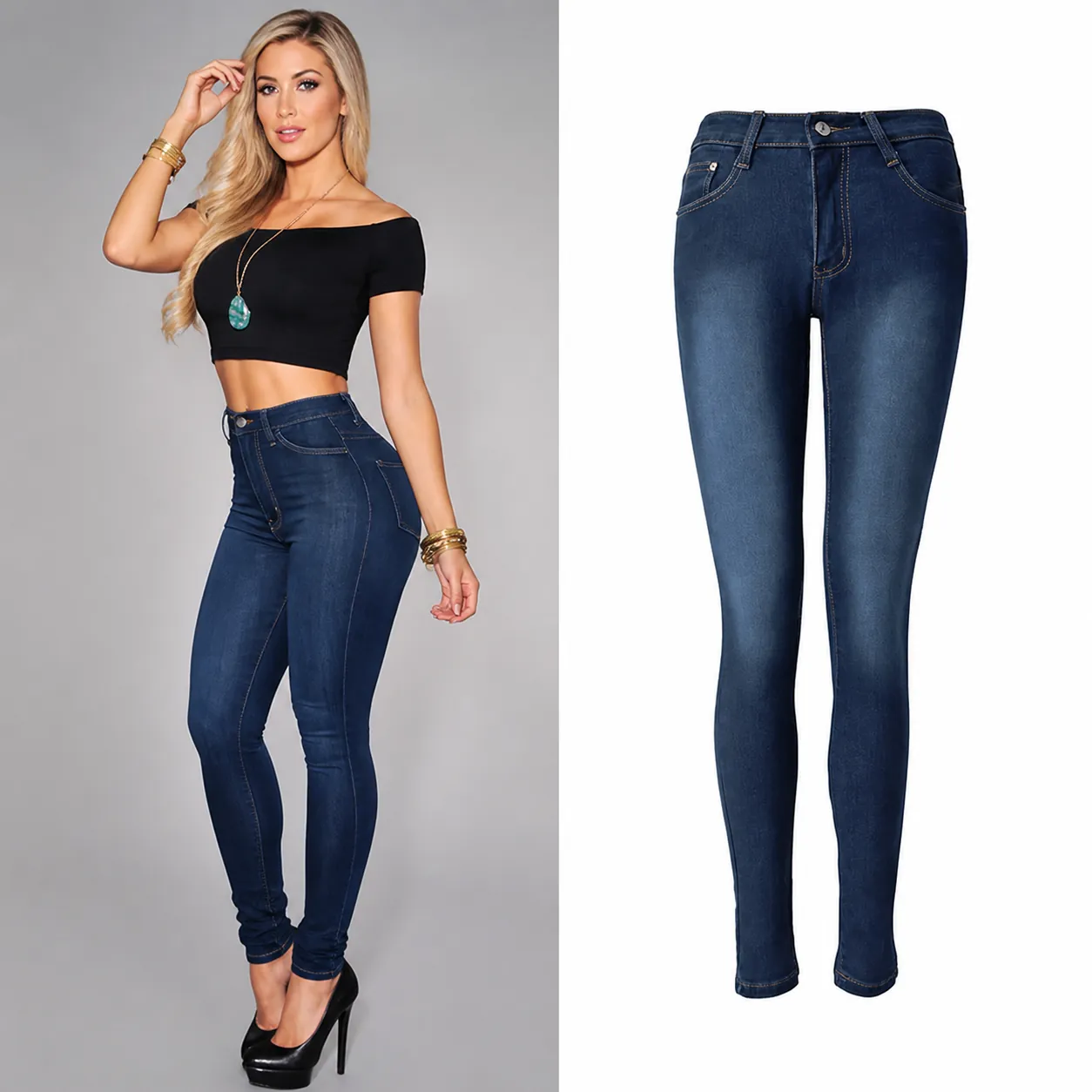 Jeans en Denim Skinny Taille Haute pour Femmes Bleu Foncé Pantalon Crayon Ajusté en Coton Lavé Extensible pour Bureau