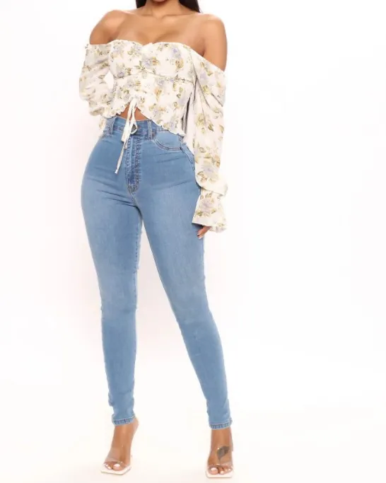 Vaqueros Skinny Elásticos de Cintura Alta para Mujer Pantalones de Lápiz Azul Denim Lavado Desgastado Corte Slim Ajustados