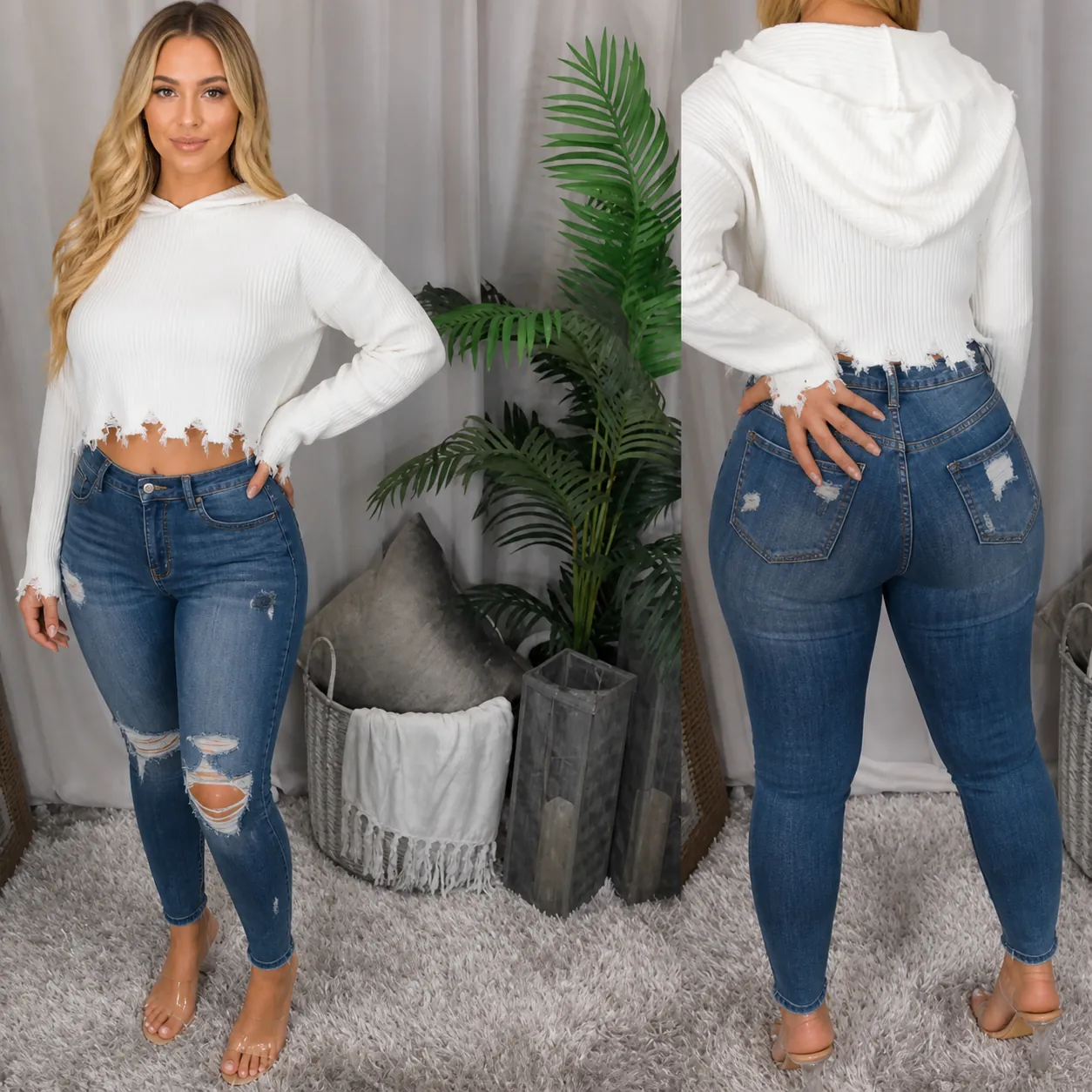 Jean Skinny Déchiré à Taille Haute pour Femme Pantalon Crayon en Denim Ajusté Effet Vieilli avec Bord Franc Style Décontracté
