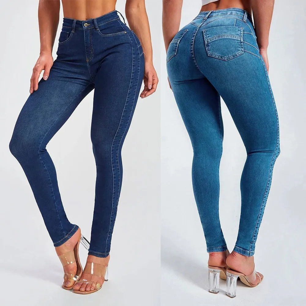 Jeans en Denim Extensible à Taille Haute pour Femmes Coupe Ajustée Push Up Pantalon Crayon Skinny en Coton Lavé